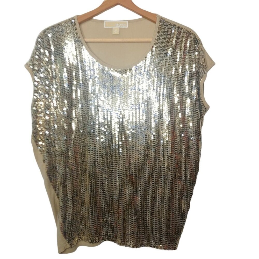 Michael Koors Womens XS Shirt Tan Gold Sequins Front Sleeveless Dance Bling EUC